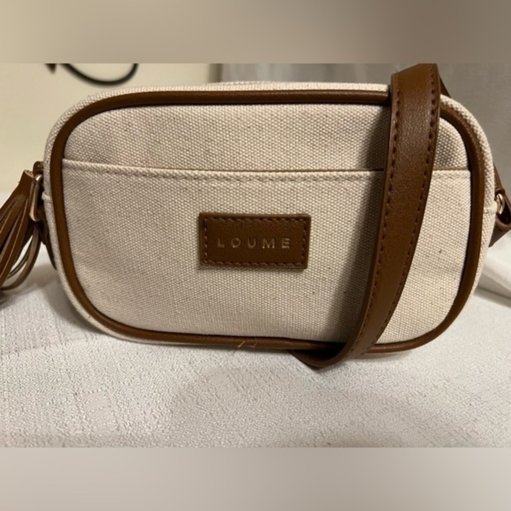 LOUME Ivory Cotton Canvas Faux Cognac Leather Small Crossbody Bag Purse